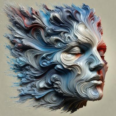 The primary subject of the image is a close-up of a woman's face, which is the main focus of the image. The setting is a gray background, which provides a neutral and unobtrusive environment for the subject. The visual style of the image is a combination of digital art and illustration, as it is a detailed and intricate representation of the woman's face. The colors and mood of the image are predominantly blue and white, creating a calm and serene atmosphere.